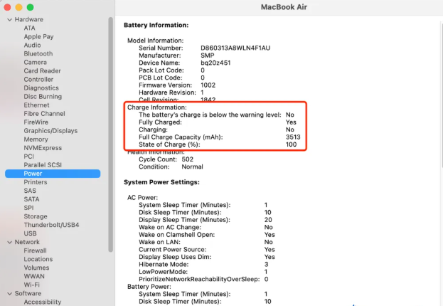 To check charging status of your Mac, using System Report, open About This Mac section in the Apple menu,  find System Report feature, then click on Power option in the sidebar, and check the information.