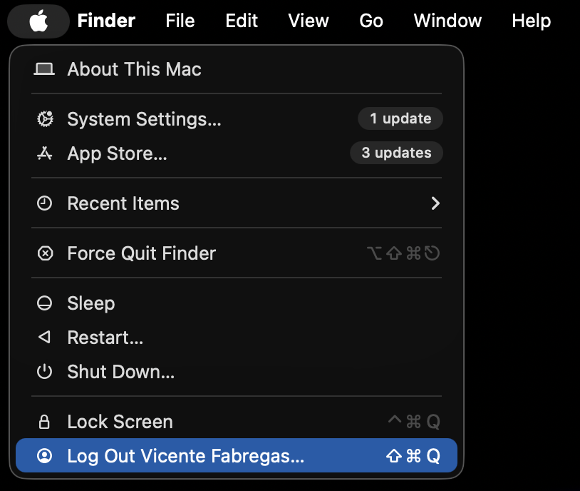 Apple menu dropdown opened on a MacBook in macOS Sonoma with the Log Out option highlighted to sign out and switch users on Mac.