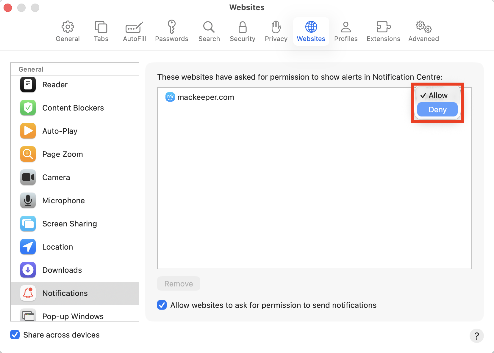 The Notifications section inside the Safari Settings menu on Mac. If you want to know how to turn off Safari notifications on Mac, go into the Notifications section and check your preferences for each website.