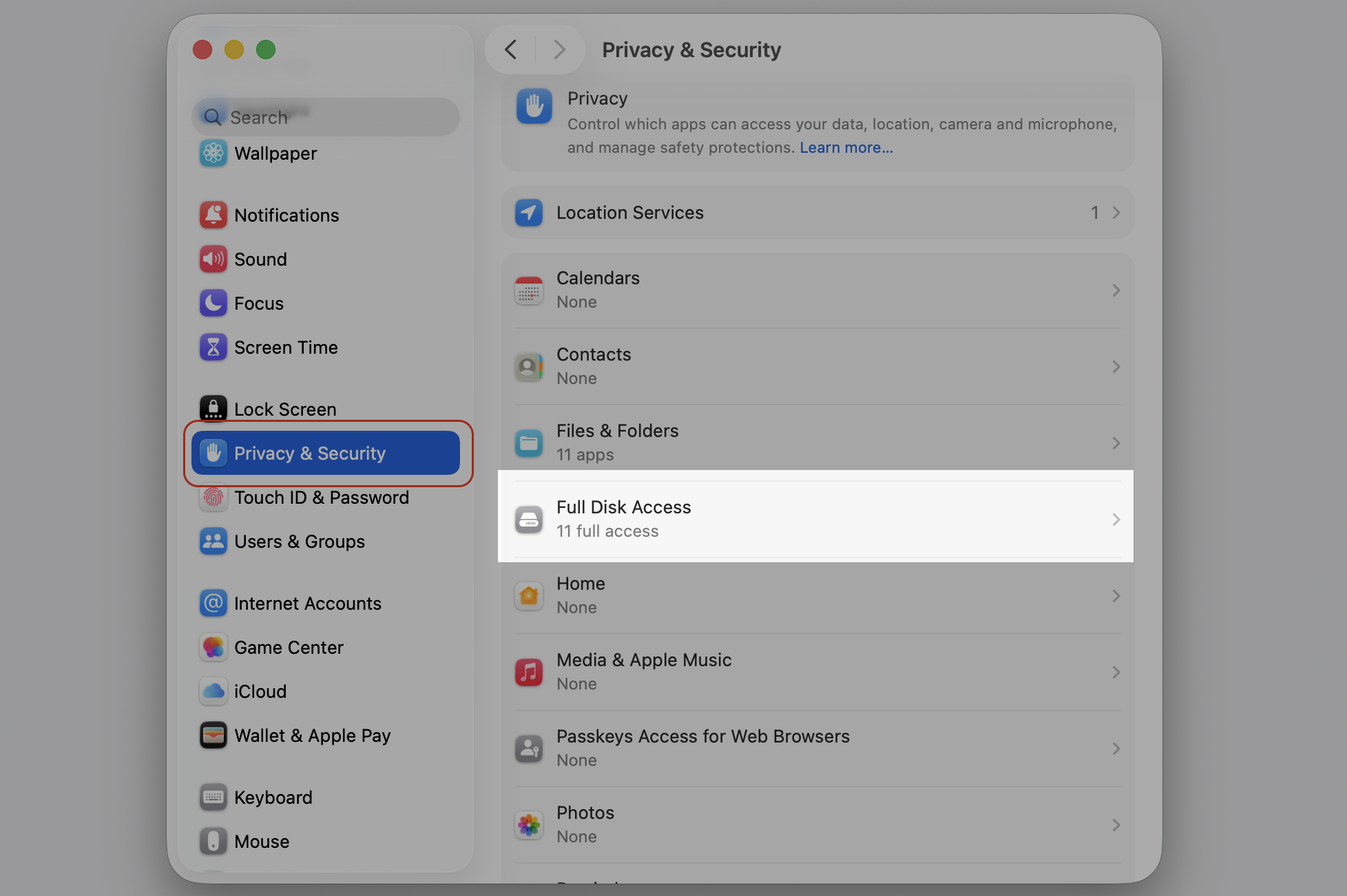 System Settings Privacy & Security tab on an iMac with Full Disk Access selected to give Dropbox the file access it needs.