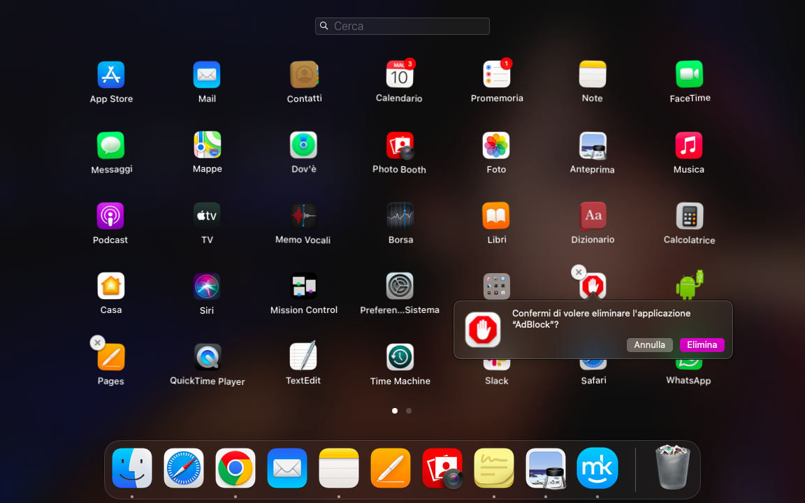 Finestra pop-up nel Launchpad aperto per disinstallare le applicazioni.