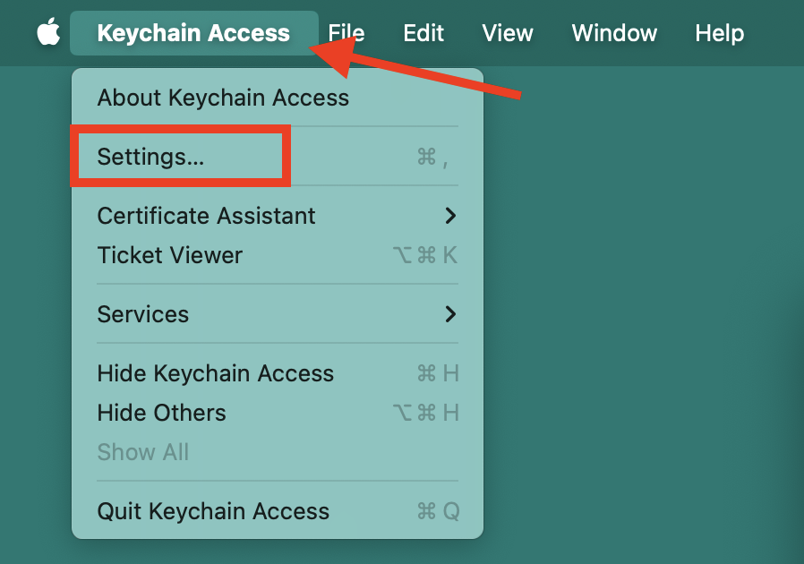 The Keychain Access menu on Mac. When you find your Mac Keychain password not working, go to Keychain settings to reset default keychains.