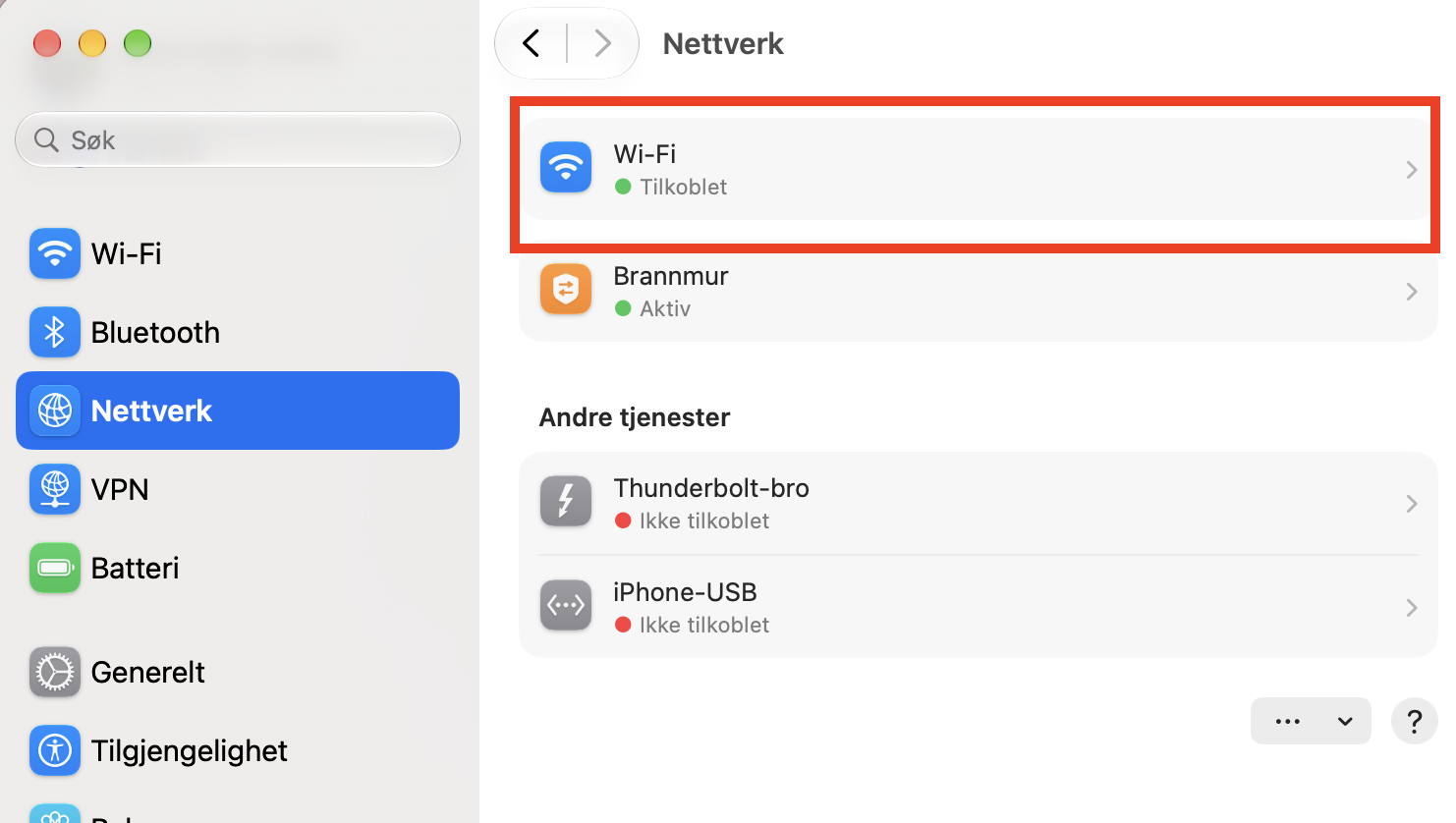 For å slå av Wi-Fi åpner du Wi-Fi-innstillingene. Du kan se om den er tilkoblet eller ikke ved å se etter en grønn eller rød sirkel.