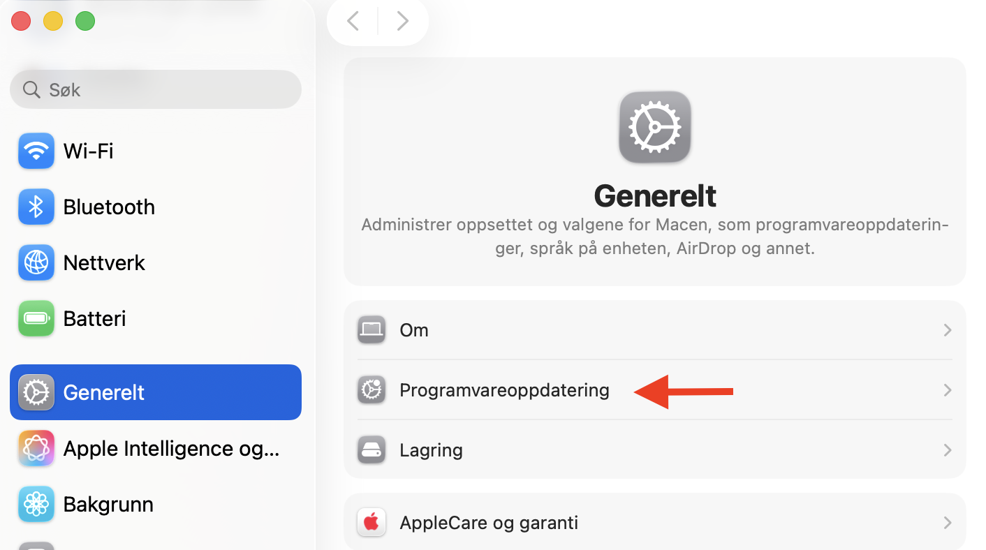 Åpne Systeminnstillinger på Macen din, klikk på Generelt og deretter Programvareoppdatering. Her kan du sjekke at sikkerhetsoppdateringer er aktivert.