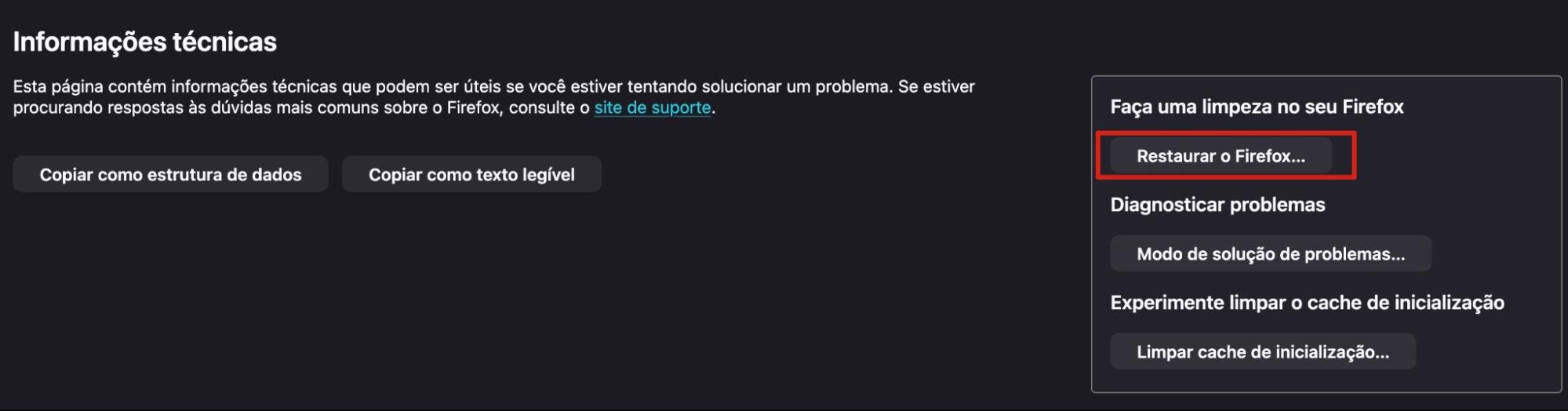Em seguida, na janela Informações técnicas do Firefox, encontre o botão Restaurar o Firefox no canto superior direito e clique nele.