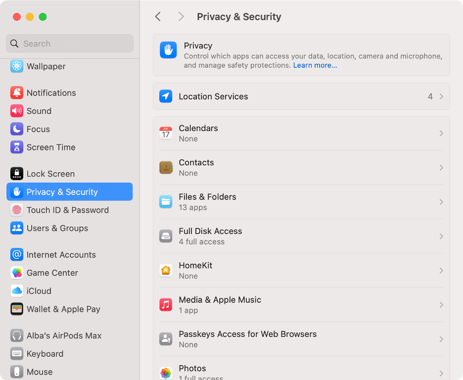 To change your Mac’s security settings, scroll down the left panel and select the Privacy & Security section.