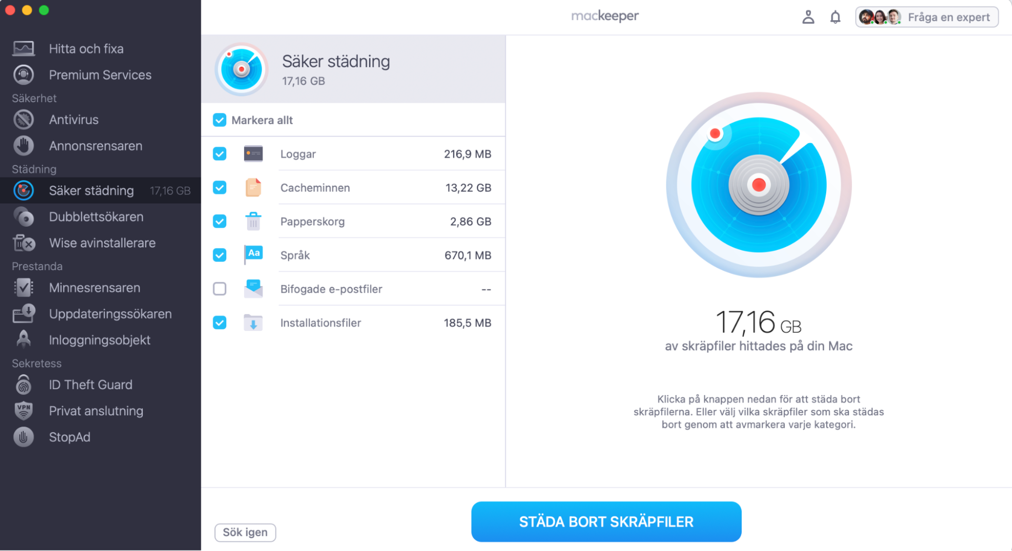 När skanningsresultaten är klara väljer du vilka typer av data du vill ta bort och klickar på knappen Städa bort skräpfiler.