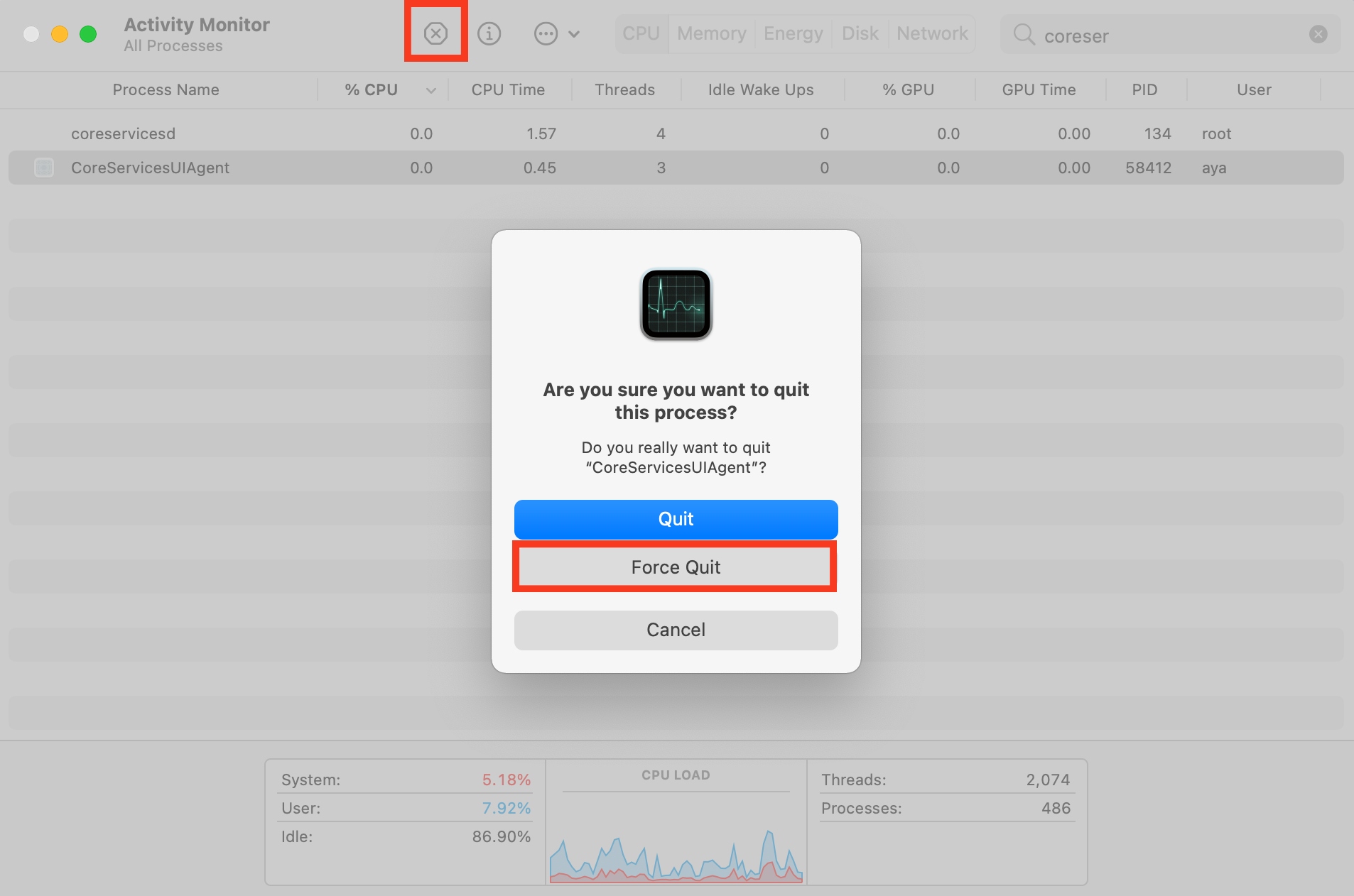 Activity Monitor is opened on a Mac. After opening Activity Monitor, force quit CoreServicesUIAgent by clicking the force quit option.