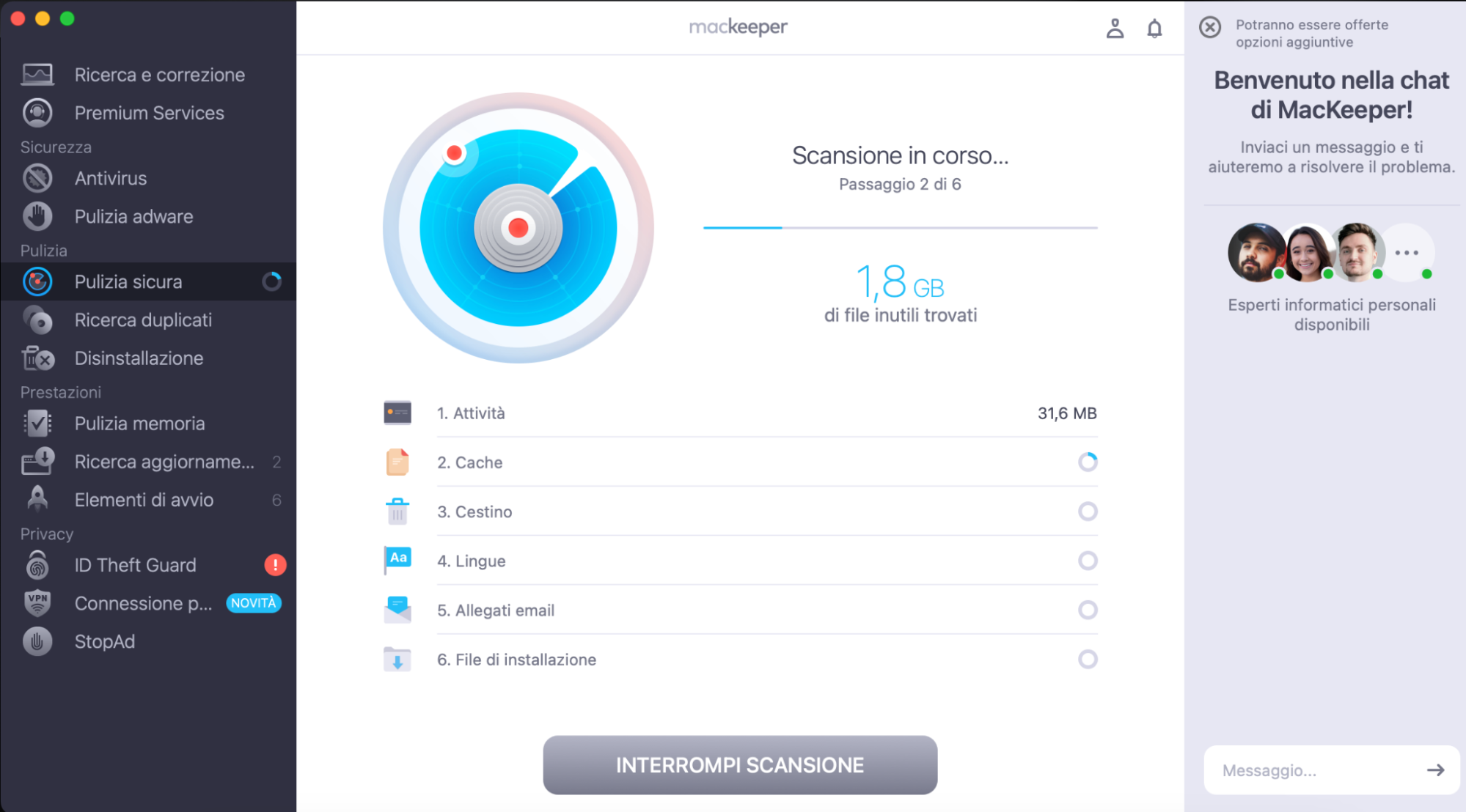 Per rimuovere i file indesiderati e velocizzare il tuo Mac, usa la Pulizia Sicura di MacKeeper. Avvia MacKeeper, vai alla Pulizia Sicura e premi Avvia Scansione.