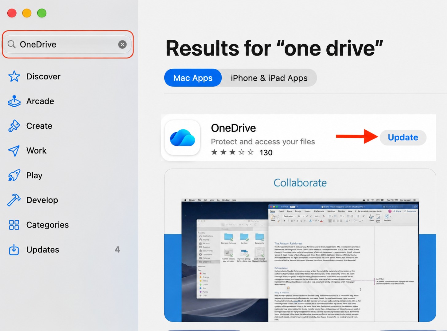 The Mac App Store window searching OneDrive with the Update button shown to replace the damaged OneDrive app on your Apple computer.