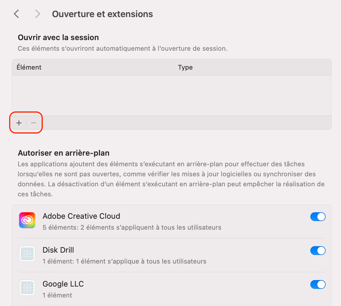 Dans l’onglet Éléments d’ouverture de votre Mac, vous verrez une liste des applications dont vous autorisez l’ouverture au démarrage et l’exécution en arrière-plan. Vous pouvez cliquer sur le signe moins (-) pour retirer les applications dont vous n’avez plus besoin au démarrage.