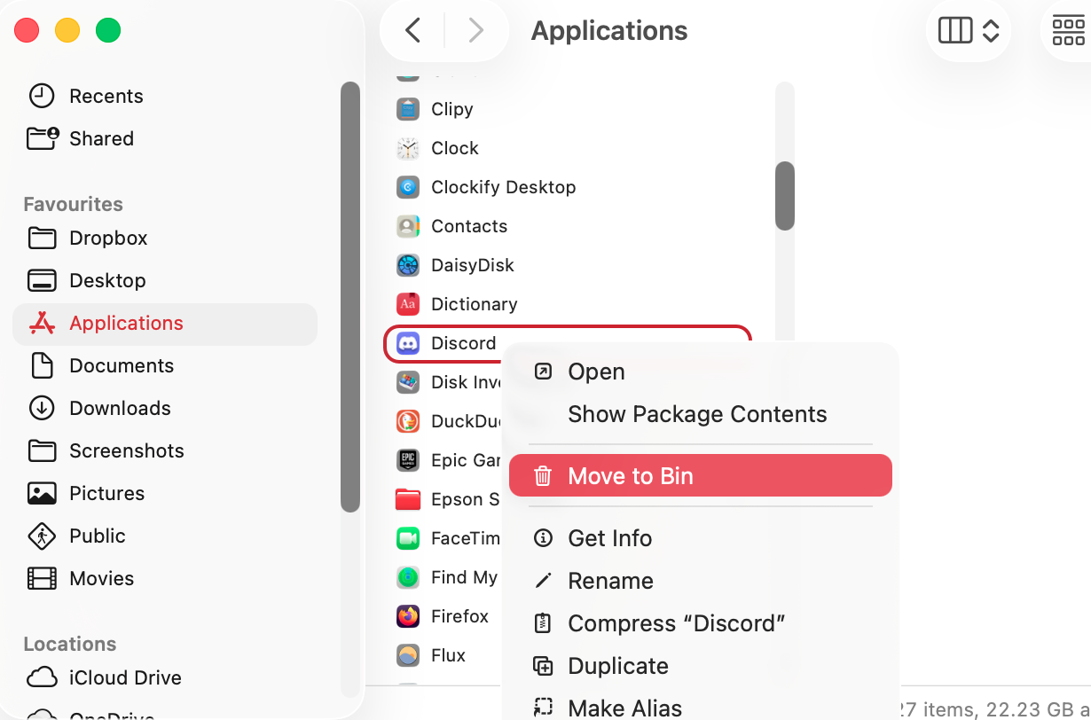 Reinstalling Discord may help when the app is unable to install updates. Before you reinstall the app, you'll need to delete the old one. Go to your Applications folder, and delete the Discord app.