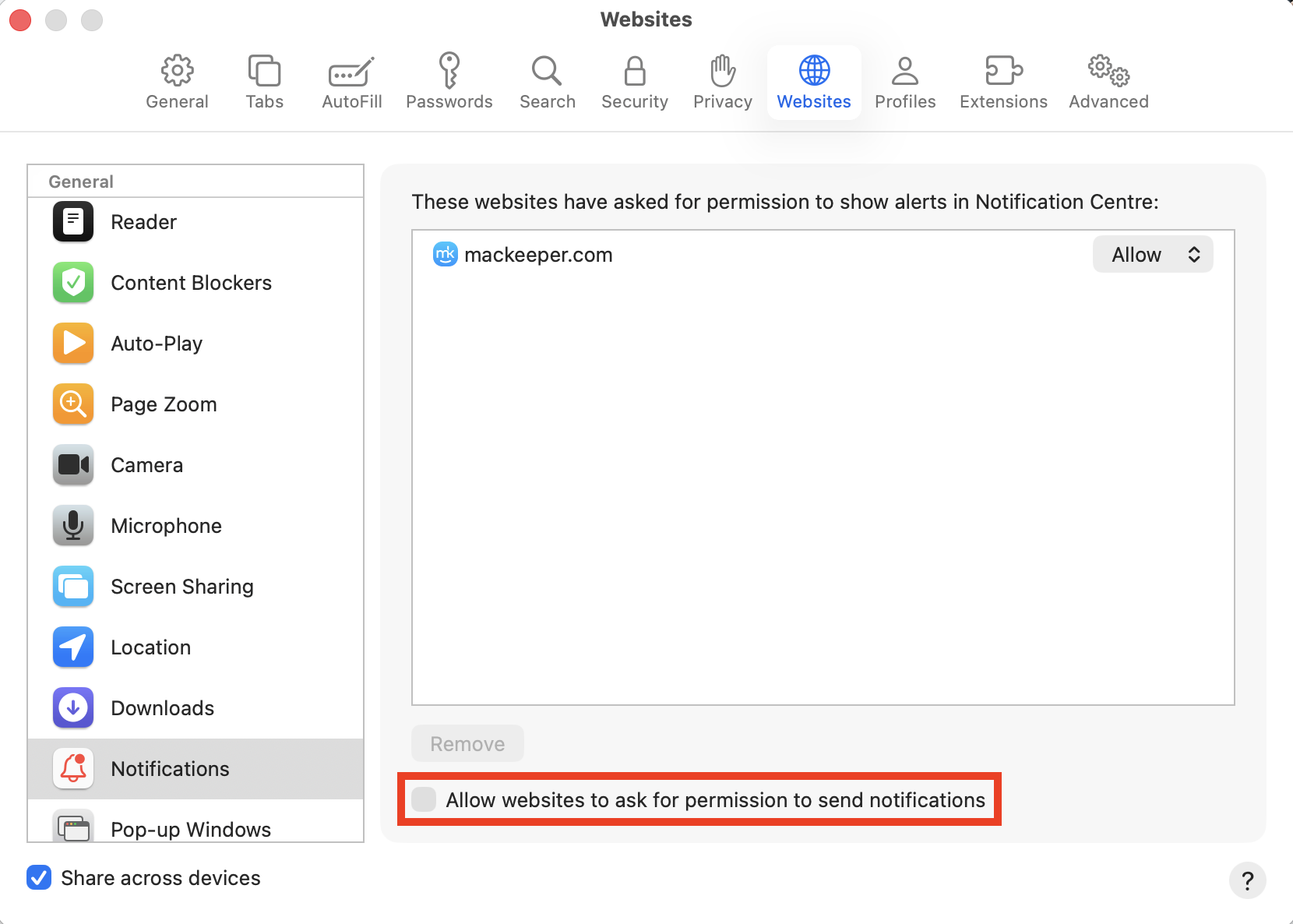 The Websites section inside Safari's Settings app on Mac. You can uncheck the Allow websites to ask for permission to send notifications option to when you want to know how to turn off Safari notifications on Mac.