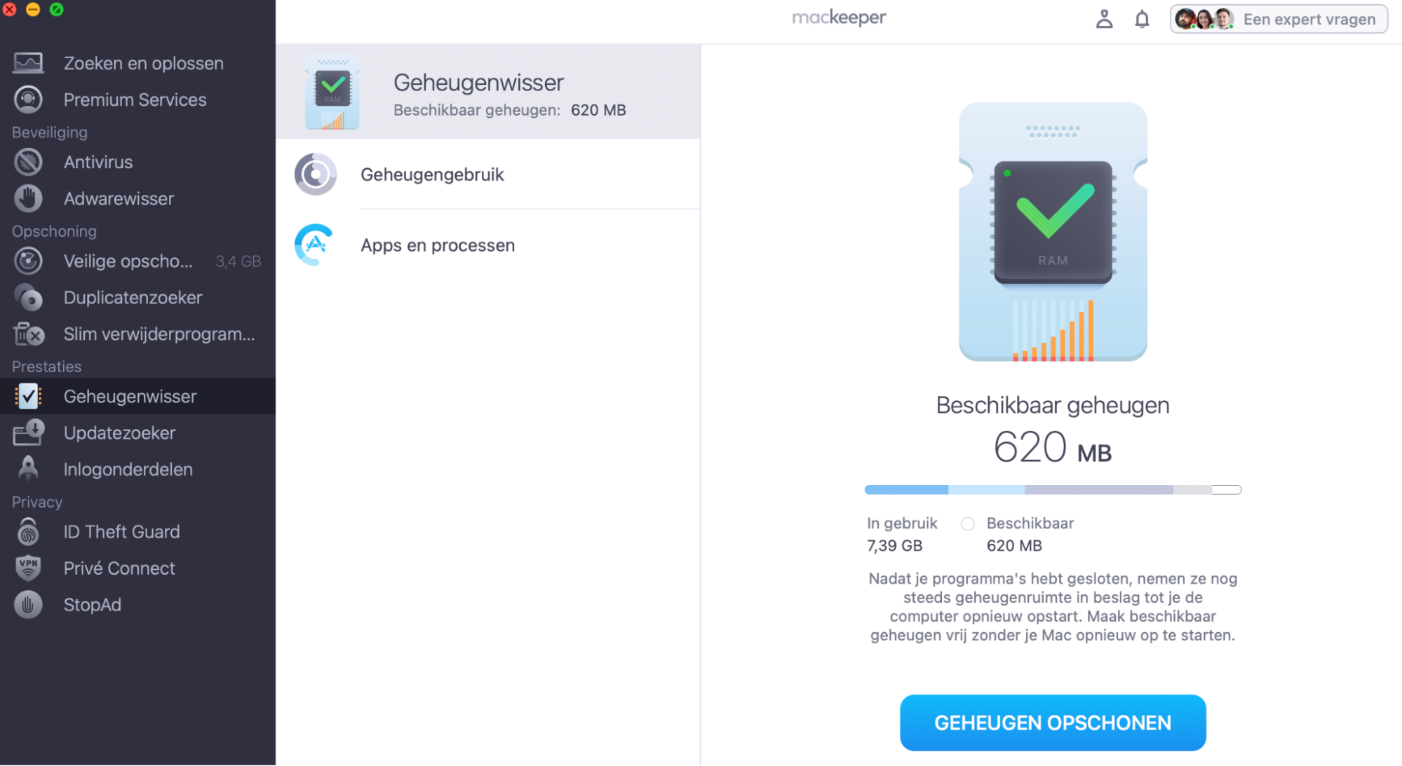 Start in MacKeeper's Geheugenwisser een scan en wacht tot deze is voltooid. Selecteer vervolgens de processen die je wilt stoppen en klik op Geheugen opschonen.