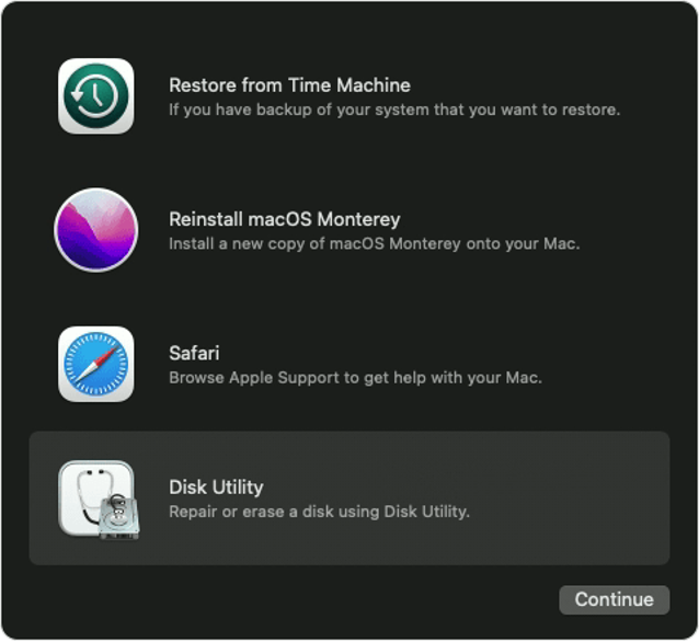 To restore your Mac machine to a previous state, click Disk Utility from the macOS Recovery screen.