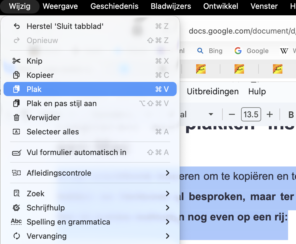 Naast het contextmenu kun je ook de menubalk van je Mac gebruiken om inhoud en bestanden te kopiëren en te plakken. Deze optie is beschikbaar in de meeste apps.