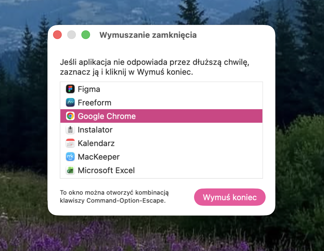 Jeśli wymuszasz zamknięcie aplikacji przez menu Apple, w oknie Wymuszanie zamknięcia aplikacji wybierz aplikację, która nie odpowiada, a następnie naciśnij Wymuś koniec.