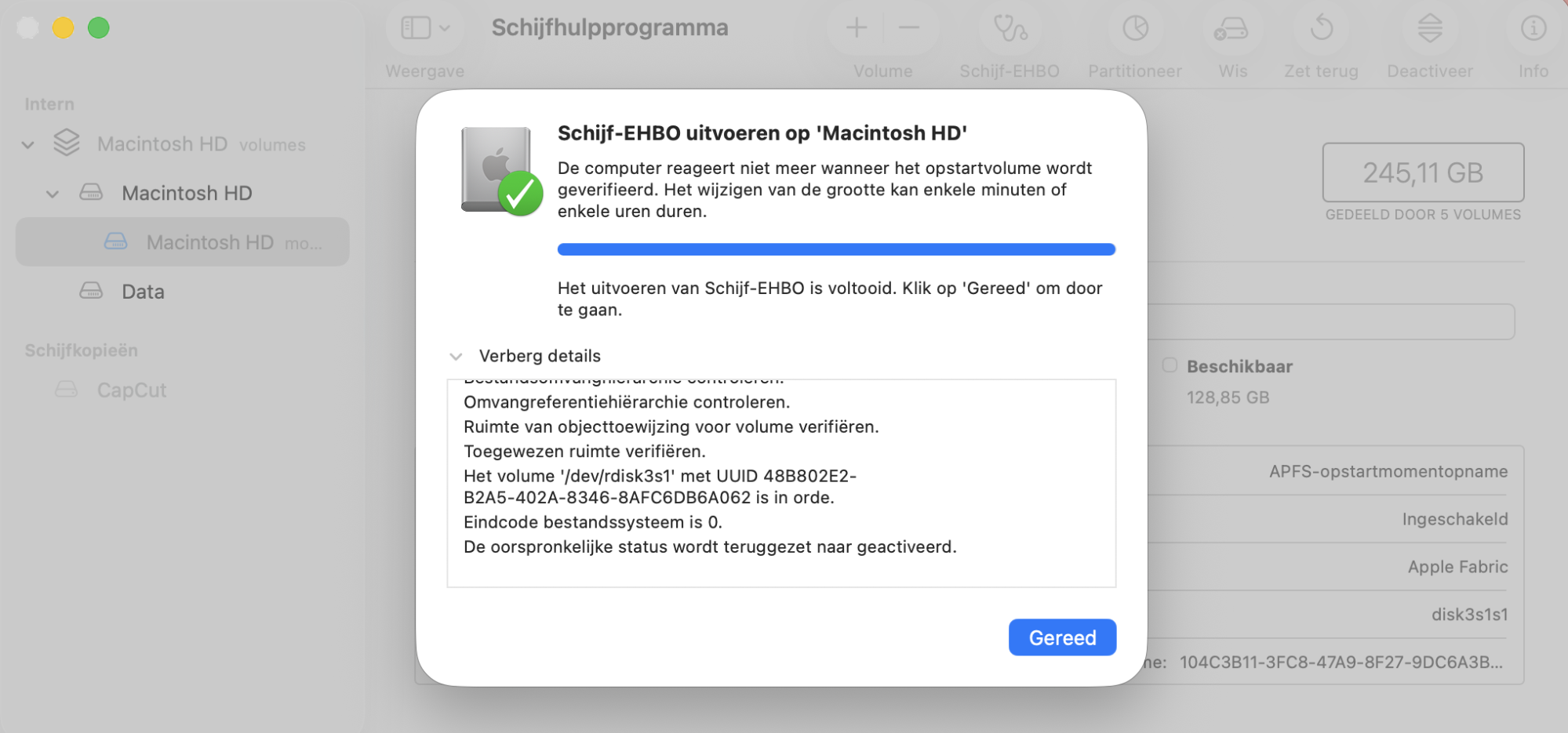 De app EHBO toont aan het einde van het proces een laatste pop-upmelding met de uitgevoerde herstelacties. Bekijk deze details en klik op Gereed.