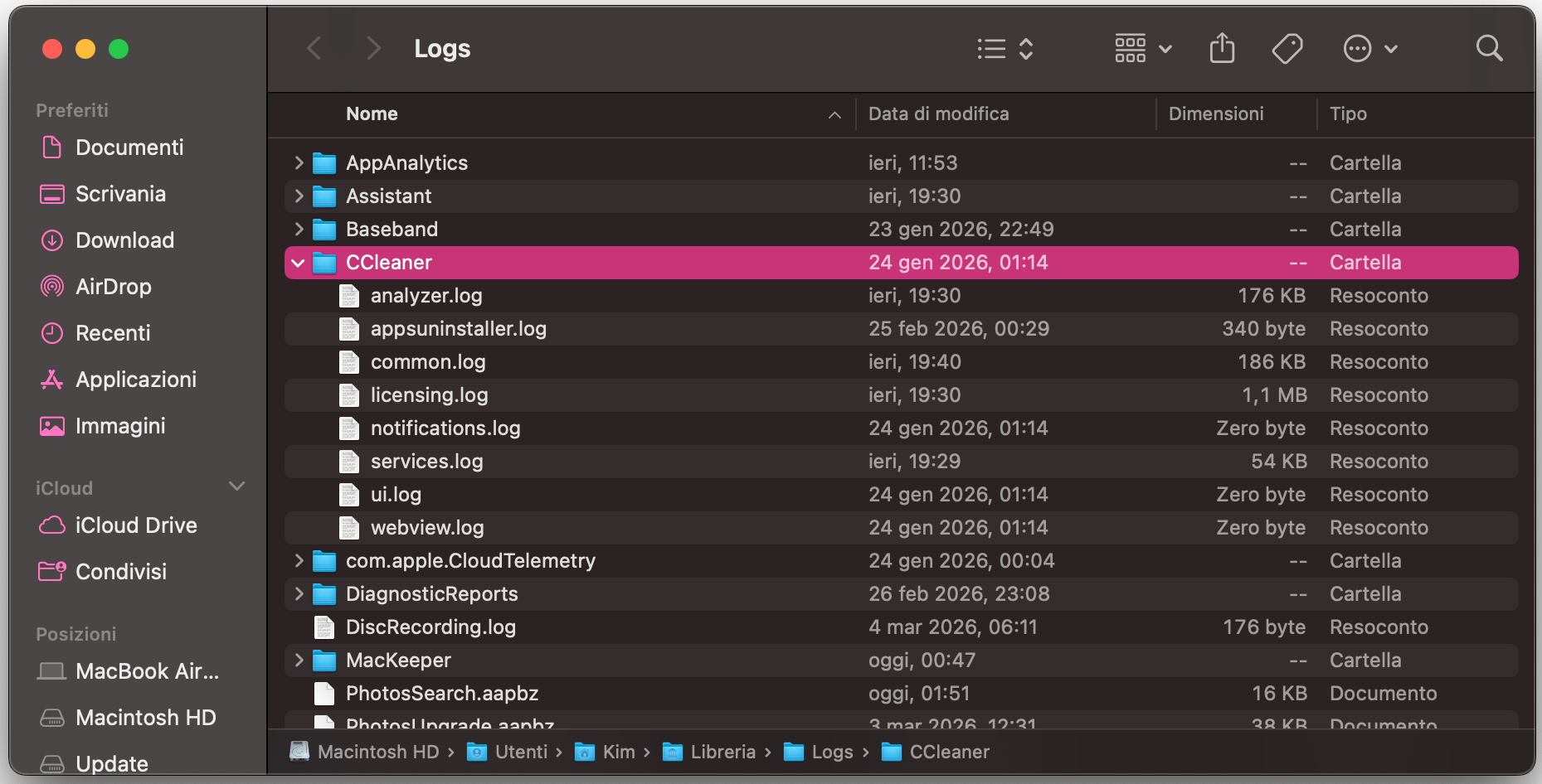 Nella cartella Logs puoi cercare cartelle e file specifici da rimuovere dal Mac. Seleziona prima quelli di cui sei sicuro di non aver bisogno.