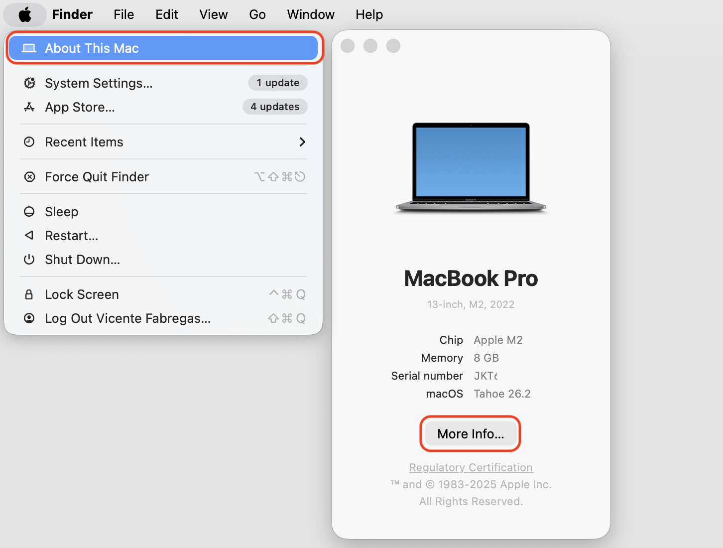 Apple menu opened on a MacBook showing About This Mac with More Info, the step to open System Report and check macOS boot mode.