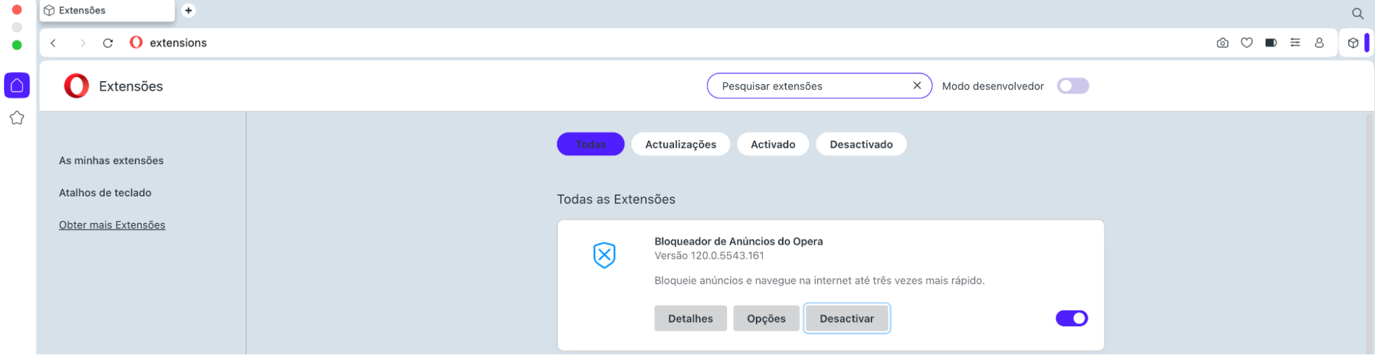 Agora, verifique as suas extensões do Opera. Se encontrar algo suspeito, clique no botão Remover para se livrar da extensão.