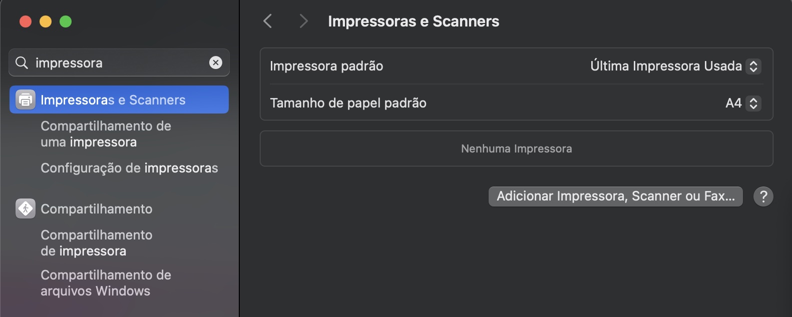 Para começar a configurar sua impressora, você precisará primeiro abrir os Ajustes do Sistema. Em seguida, role para baixo até ver Impressoras e Scanners.