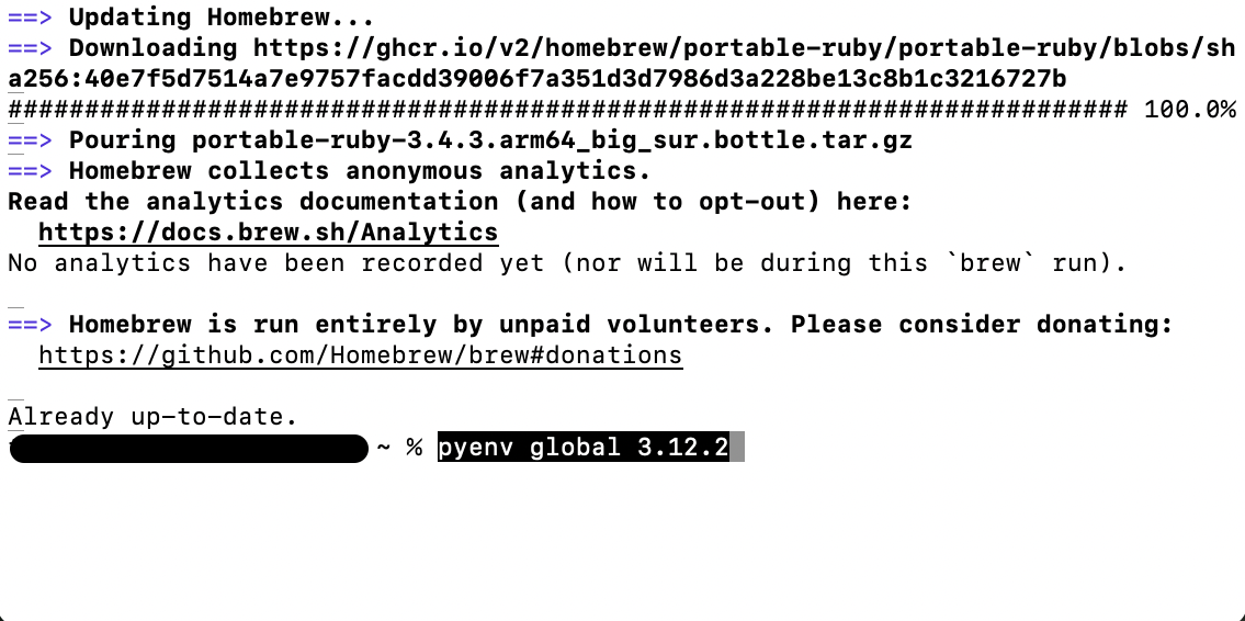 Set pyenv as the default global version by typing pyenv global 3.12.2 in Terminal to make it your system’s active Python version.