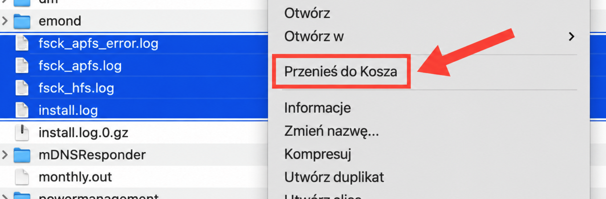 Przejrzyj wszystkie foldery kontenerowe i pliki kończące się na .log. Gdy znajdziesz te, które chcesz usunąć, kliknij prawym przyciskiem myszy i wybierz Przenieś do kosza. Następnie przejdź do kosza w Docku i kliknij prawym przyciskiem, aby wybrać Opróżnij kosz.