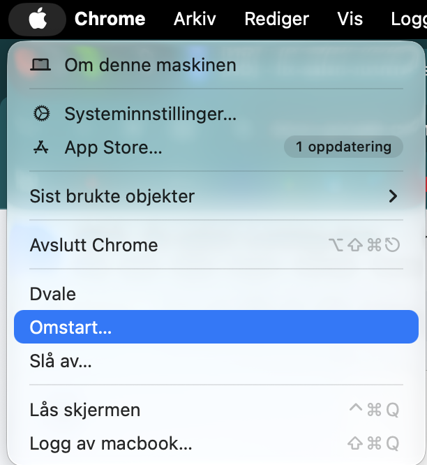 Noen ganger er det enkleste det beste; sørg for at alle appene dine er lukket. Klikk deretter på Apple-ikonet og velg Start på nytt. Dette lukker alle Safari-prosessene og åpner dem igjen.
