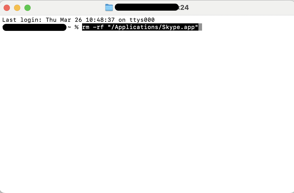 In Terminal, type the rm -rf command with the Skype.app path shown, then press Return to delete the Skype application directly from your Mac.