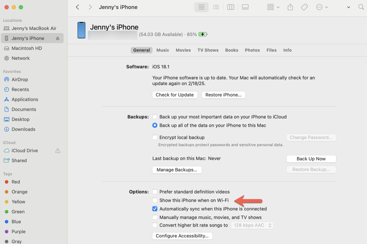 To reduce the amount of syncing between your connected iOS device and your Mac, we suggest hiding your device from being discovered by Wi-Fi. This will help speed up your device and improve your CPU usage. Just open Finder, look for your device, and untick next to show this iPhone when on Wi-Fi.