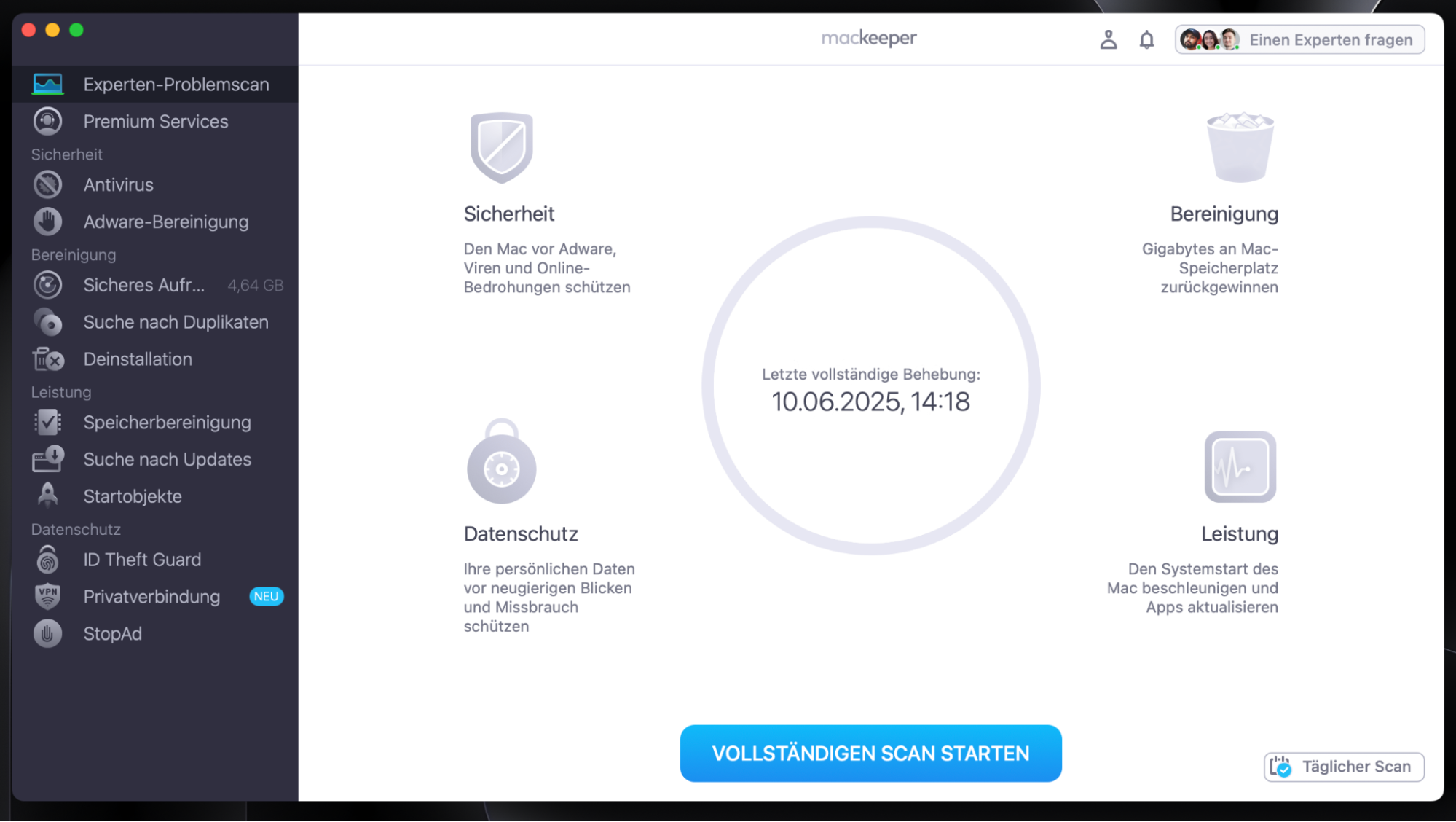 Sie können die Desktop-Symbole Ihres Mac mit dem Expertenproblemscan von MacKeeper wiederherstellen. Öffnen Sie dazu MacKeeper auf Ihrem Mac und wählen Sie in der Seitenleiste Expertenproblemscan. Klicken Sie anschließend unten im Bildschirm auf die große blaue Schaltfläche Vollständigen Scan starten.