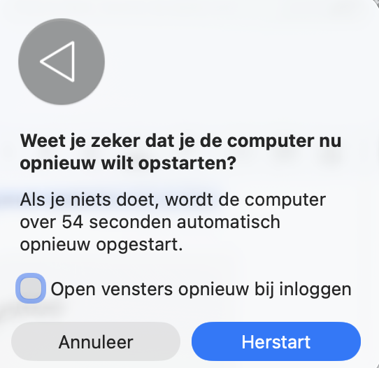 Nadat je op Herstart op hebt gedrukt, verschijnt er een pop-upvenster dat je vraagt je keuze te bevestigen. Selecteer Herstart  opnieuw op wanneer dit gebeurt.