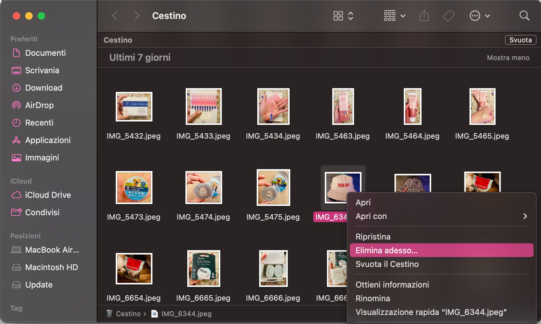 Il Cestino su Mac contenente una serie di file eliminati. Fai clic destro su un file, poi seleziona Elimina adesso, per eliminare singoli elementi.