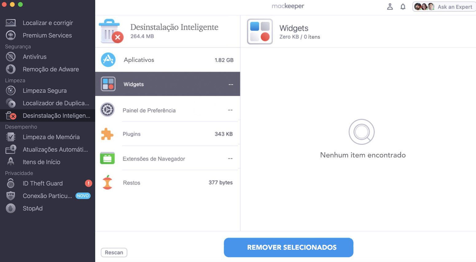 Selecione e remova os widgets na Desinstalação Inteligente.