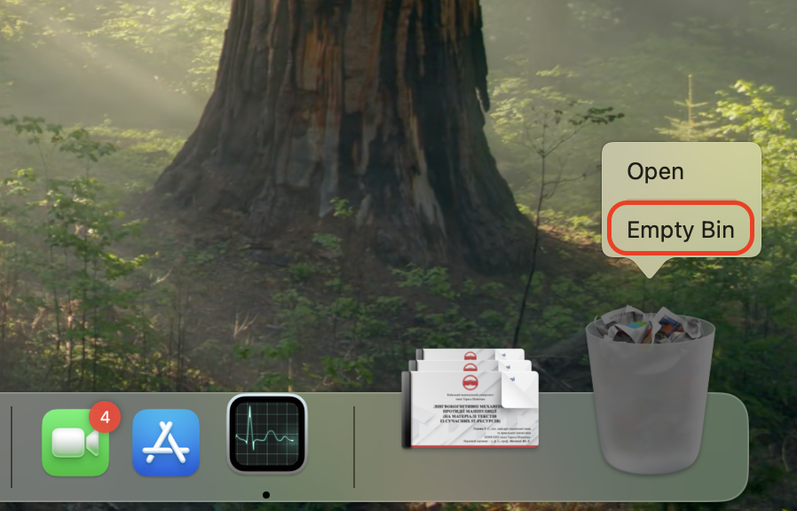 Open the Bin from the Dock and click Empty Bin to permanently delete removed apps and free up space on your Mac.