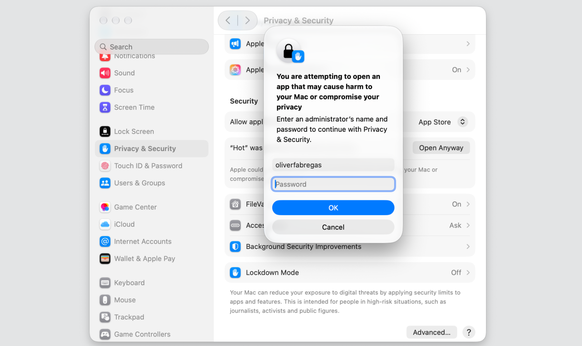 A macOS password prompt on an Apple computer, where you confirm you trust the app, so a blocked app will finally open on Mac.