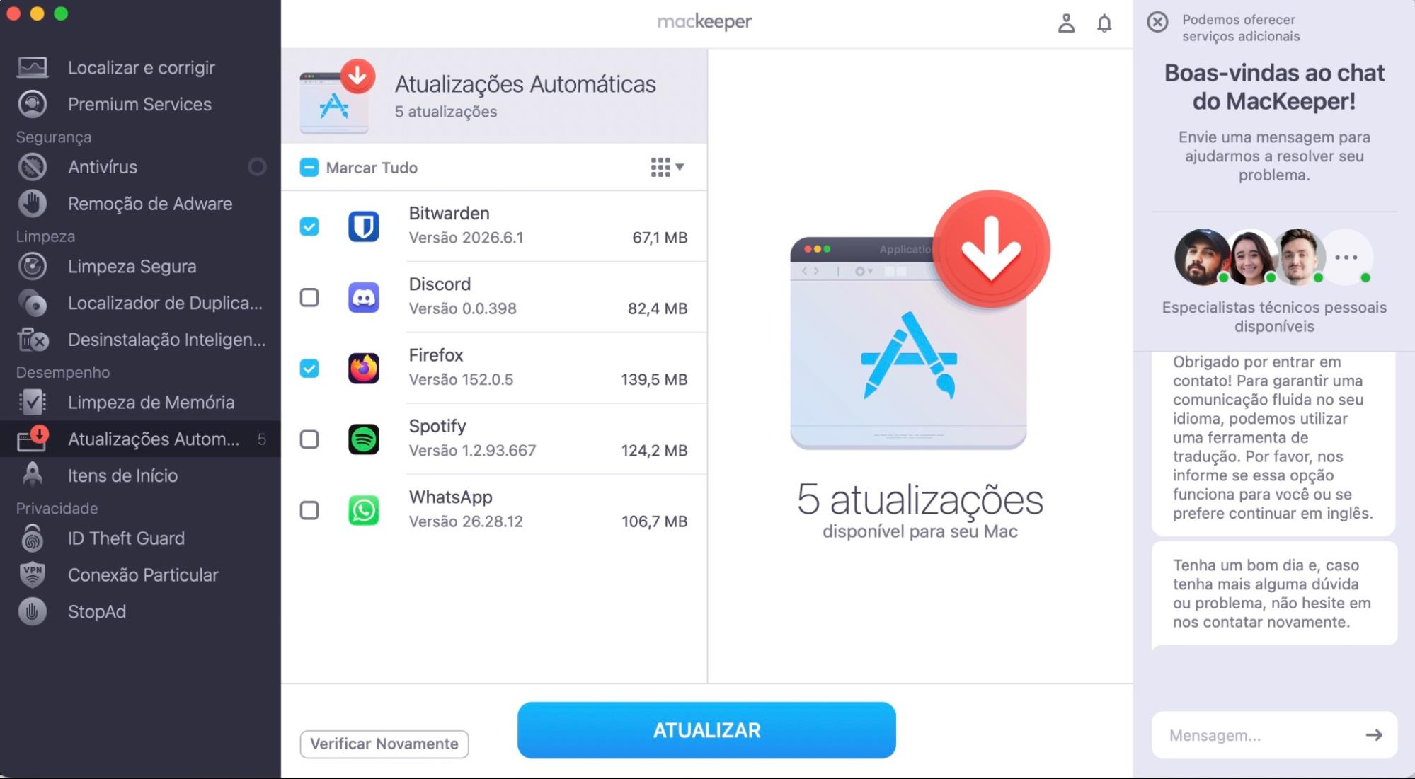 Marque a caixa ao lado do aplicativo que deseja atualizar e clique no botão Atualizar.