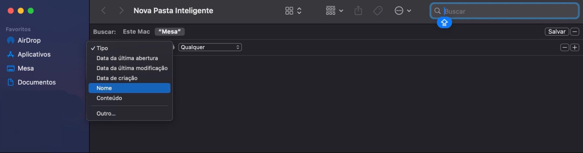 Para remover manualmente arquivos duplicados no Mac, clique no ícone de mais (+) no lado direito da janela da Nova Pasta Inteligente, depois use as setas para filtrar sua busca por tipo de arquivo e formato.