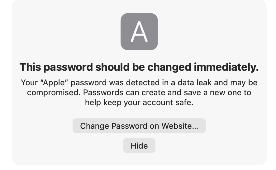 A flagged login in the Passwords app on a Mac, clicking Change Password on Website to fix a compromised iCloud Keychain password.
