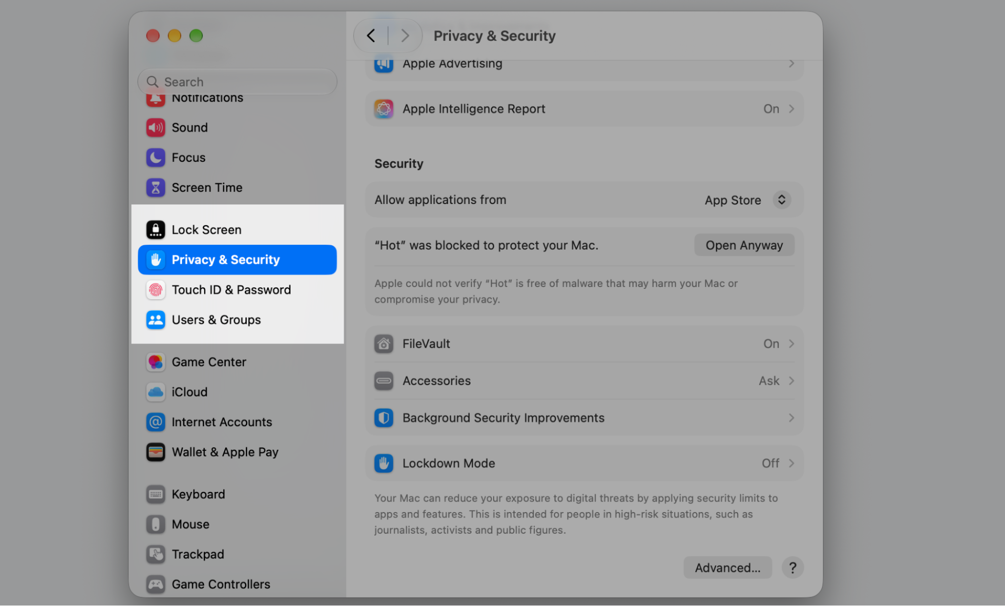 macOS System Settings with Privacy & Security selected in the sidebar to allow a blocked app that will not open on your Mac.