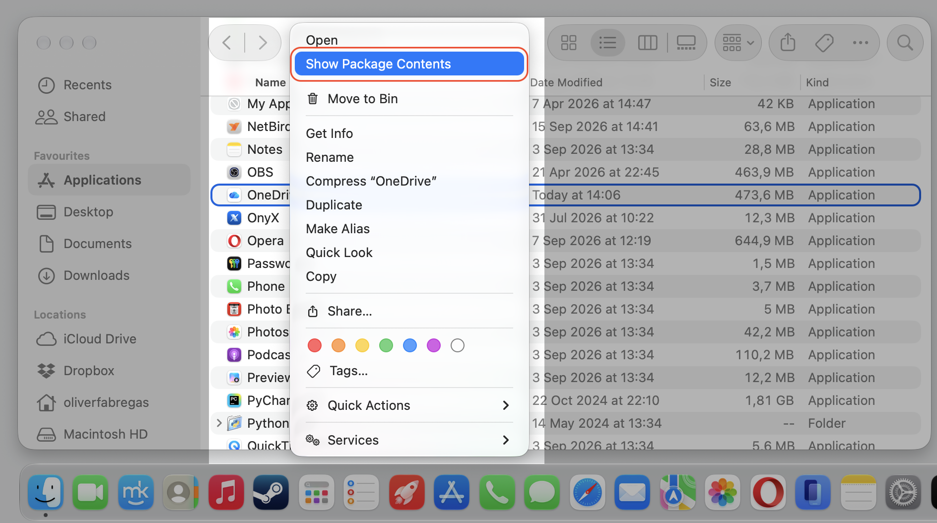 Finder Applications on macOS with a right-click on OneDrive and Show Package Contents highlighted to reset the damaged OneDrive app.