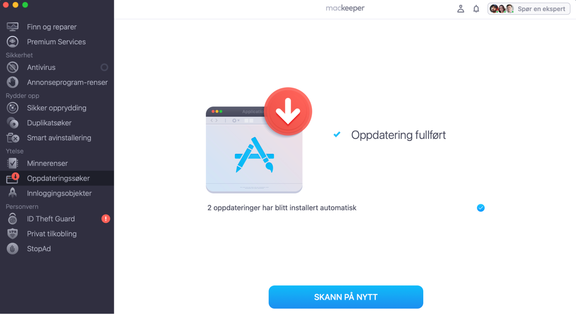 Oppdateringen er fullført. Hvis du vil sjekke de utdaterte appene dine på nytt, klikker du for å skanne på nytt.