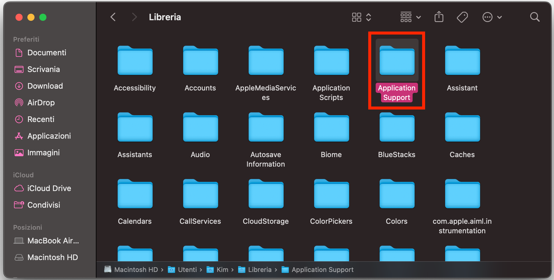 All’interno della cartella Libreria, apri la cartella Application Support. Spesso, i malware, inclusi i trojan, installano virus proprio in questa posizione.