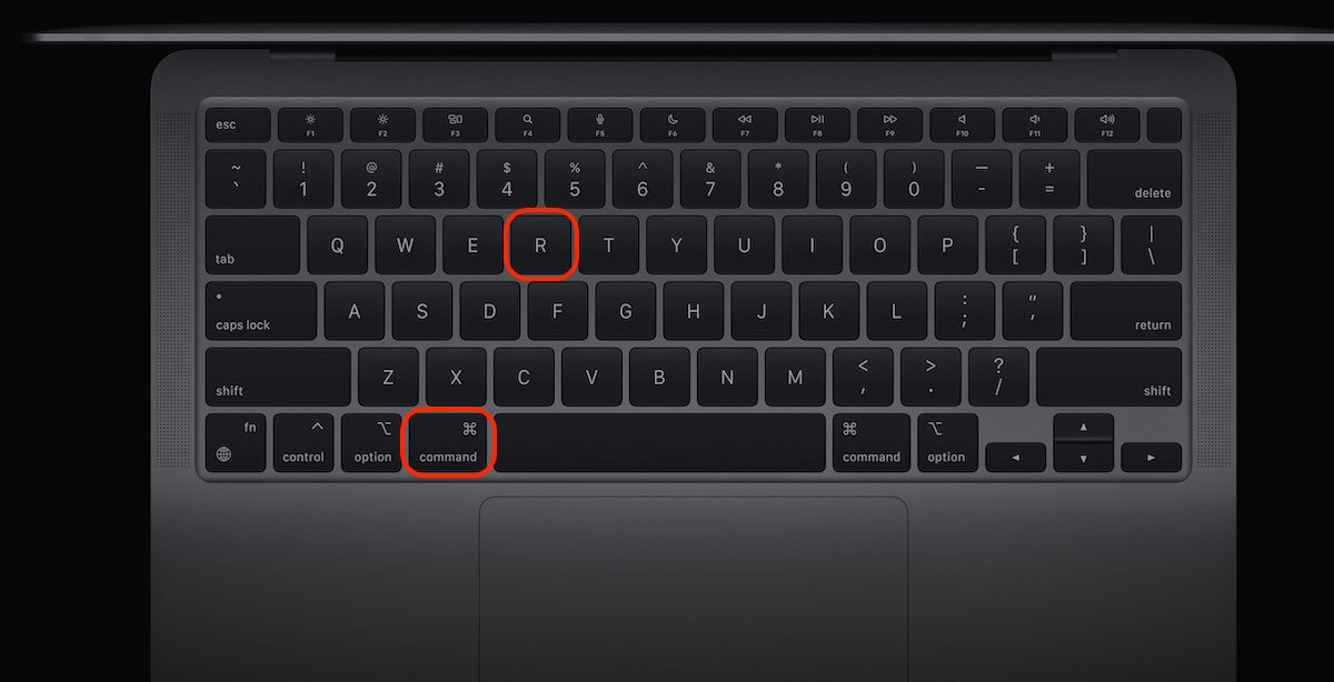 A Mac keyboard mock-up is depicted. Hold down the Command + R keys until the Apple logo appears or you hear a chime to reset admin password.