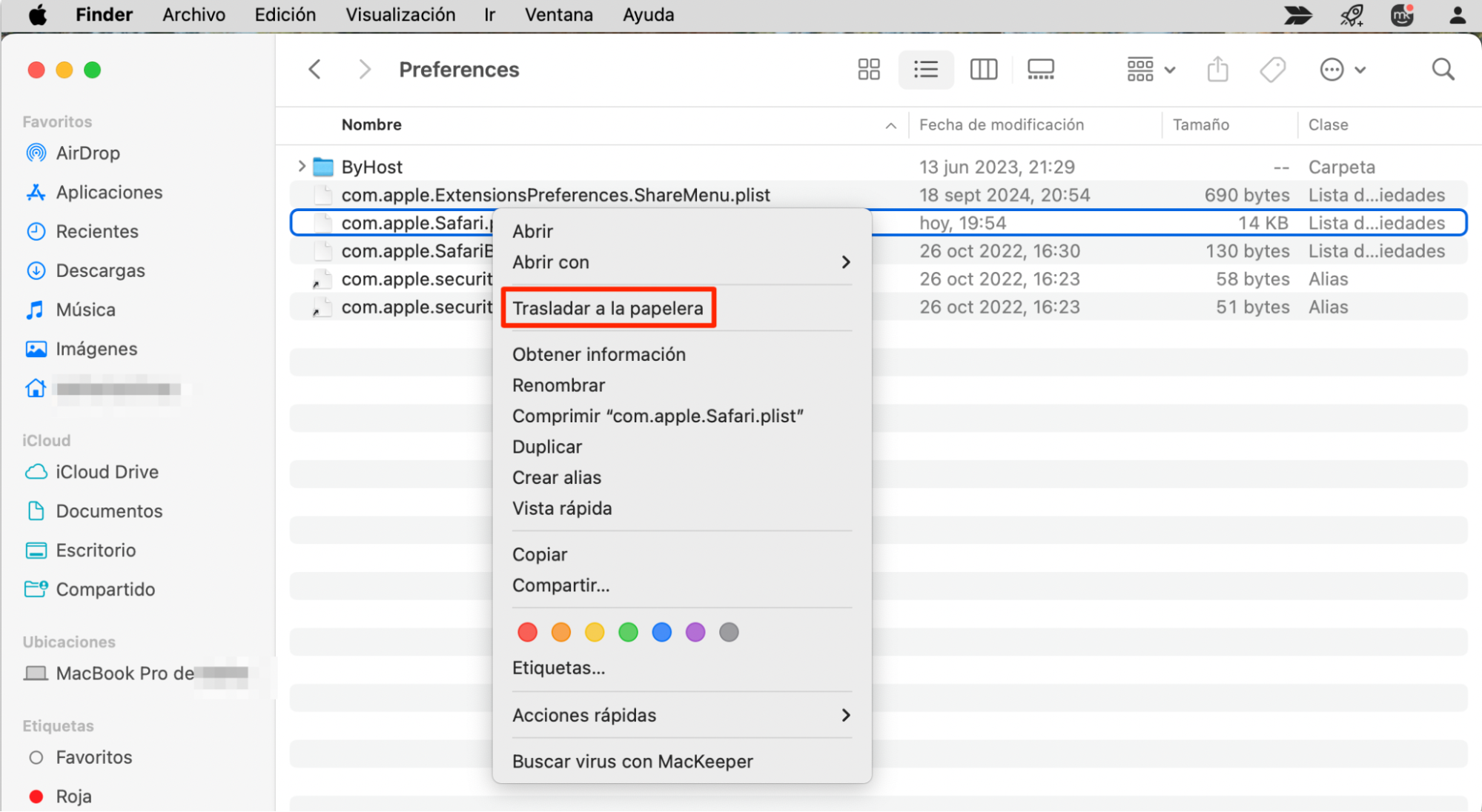Utiliza el Finder para eliminar las Preferencias de Safari. Elige Ir a carpeta en la pestaña Ir. Copia y pega ~/Library/Containers/com.apple.Safari/Data/Library/Preferences, y elige Ir. Busca y elimina el archivo com.apple.Safari.plist. Utiliza el Finder para eliminar las Preferencias de Safari. Elige Ir a carpeta en la pestaña Ir. Copia y pega ~/Library/Containers/com.apple.Safari/Data/Library/Preferences, y elige Ir. Busca y elimina el archivo com.apple.Safari.plist.