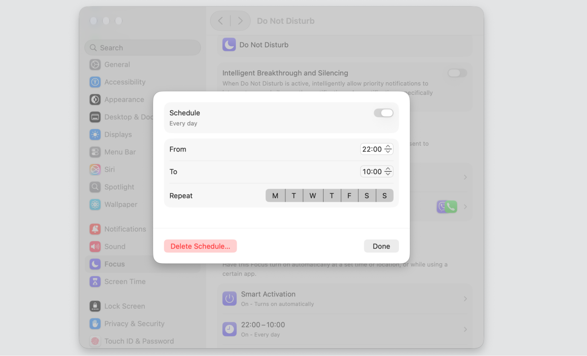 Focus schedule dialog on a Mac letting you set From and To times and Repeat days for a Do Not Disturb schedule in macOS System Settings.