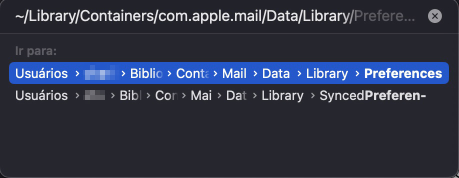 Depois de clicar em Ir para a Pasta, você pode digitar o seguinte caminho na caixa de texto: ~/Library/Containers/com.apple.mail/Data/Library/Preferences