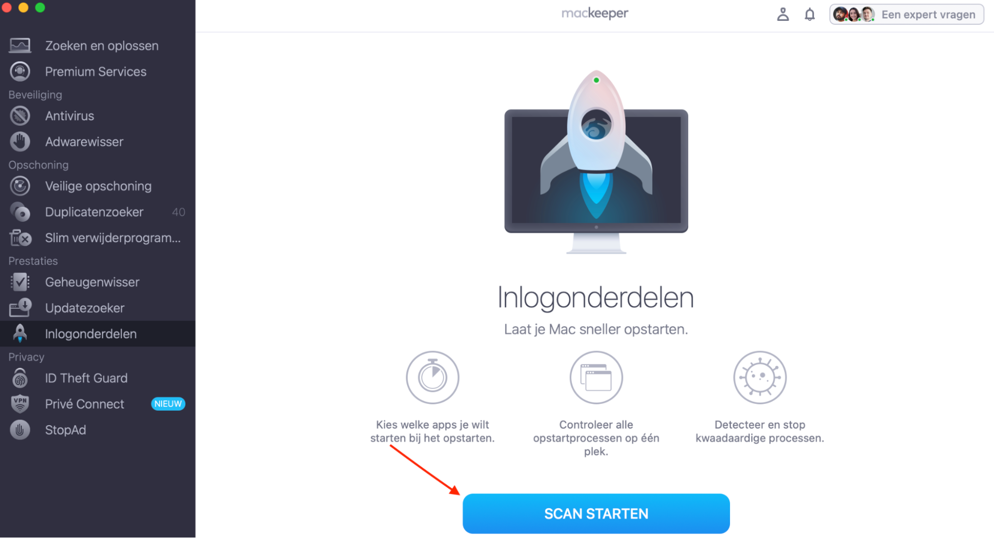Verwijder Inlogonderdelen effectief met de Inlogonderdelen-tool van MacKeeper. Ga naar Prestaties > Inlogonderdelen en klik vervolgens op Scan Starten om te beginnen met zoeken.