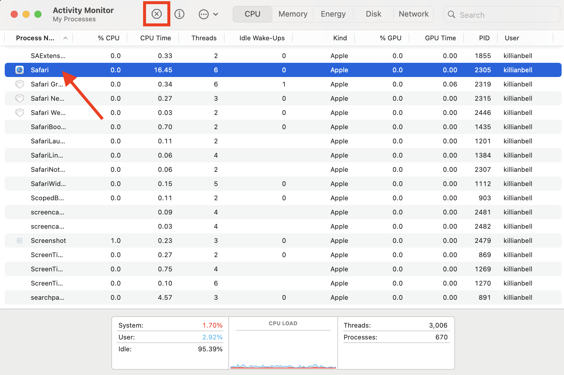 Safari in a list of running processes in Activity Monitor on Mac. If you're trying to work out how to force quit Safari on Mac, select the process in Activity Monitor and then click the X button to quit it.